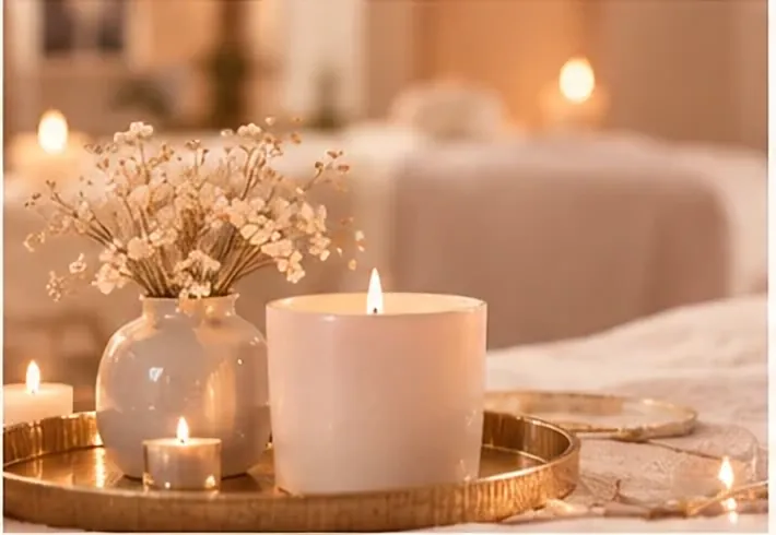 Bougie, fleurs séchées et plateau doré posés près de la table de soin