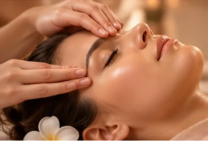 Mains posées sur les tempes pendant un massage crânien