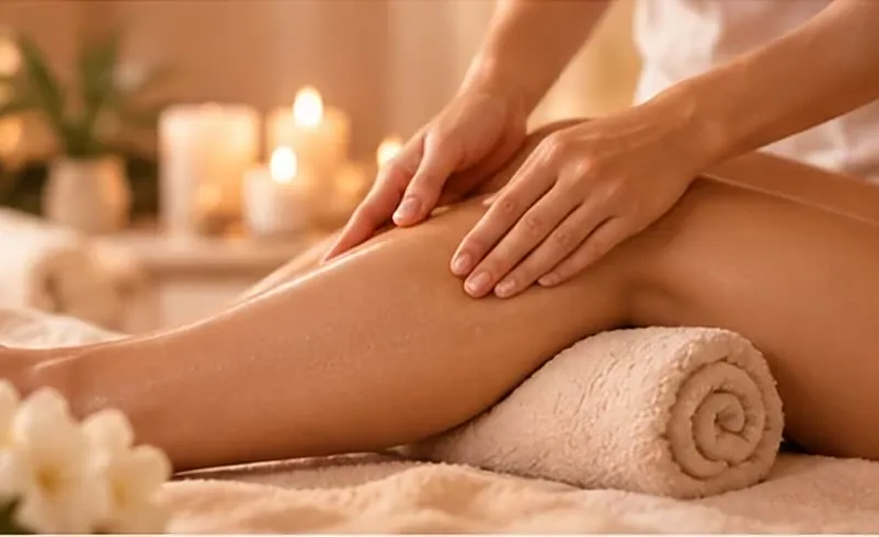 Massage des jambes, mollet posé sur une serviette roulée