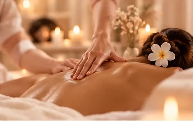 Massage du dos et des épaules sur linge clair, fleur de frangipanier dans les cheveux